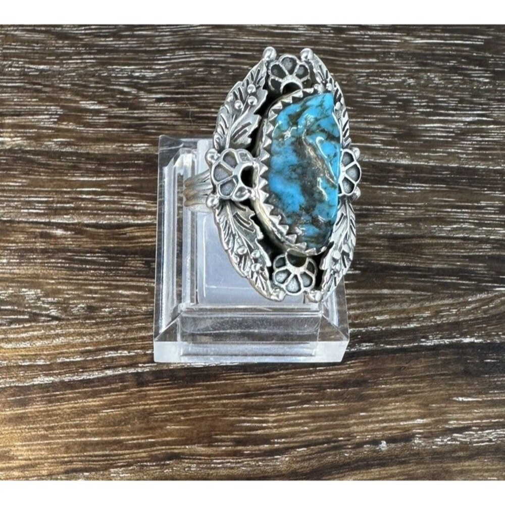 Southwest Native Style Sterling Silver Turquoise Floral Leaf Design Ring Sz 7